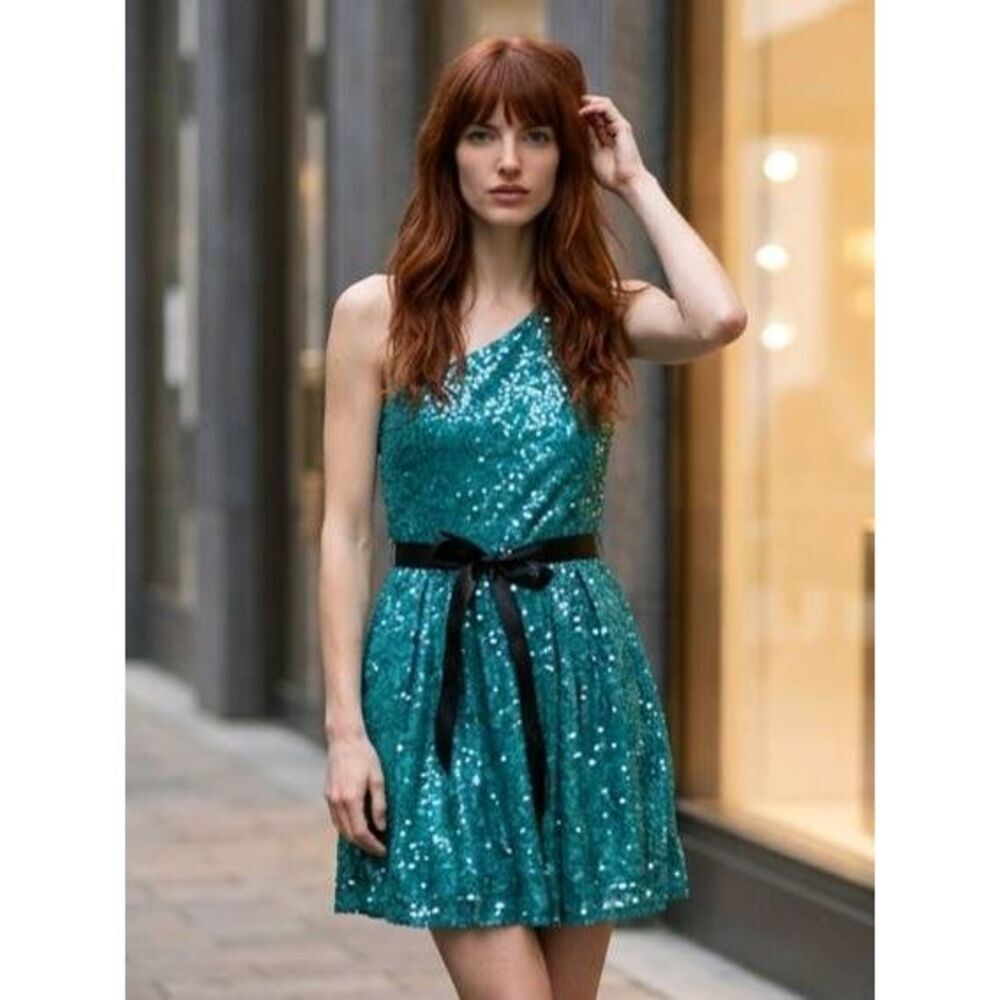 🔺️Lily Rose Teal Sequined One Shoulder Belted Sash Dress Small